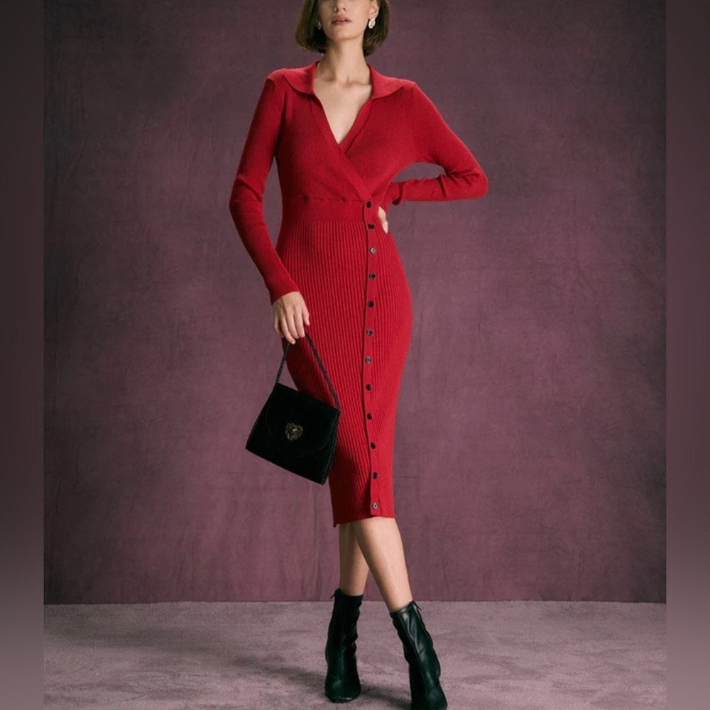 Rihoas Red V Neck Button Up Wrap Midi Dress, Size S, NWT
